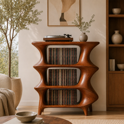 Contemporary vinyl record cabinet with artistic silhouette and open storage shelves