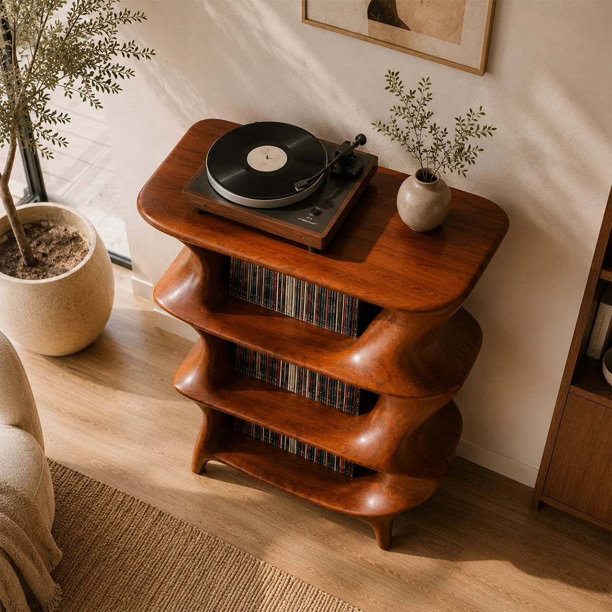 Organic modern vinyl storage unit crafted for turntables and record collections