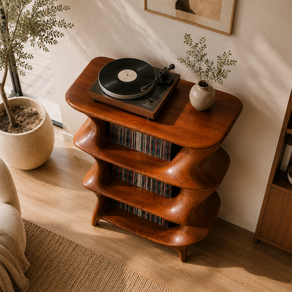 Organic modern vinyl storage unit crafted for turntables and record collections