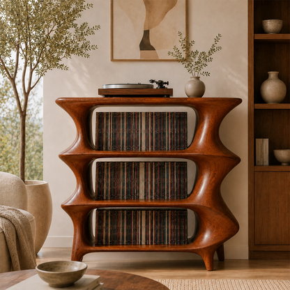 Elegant vinyl display cabinet combining album storage and artistic craftsmanship