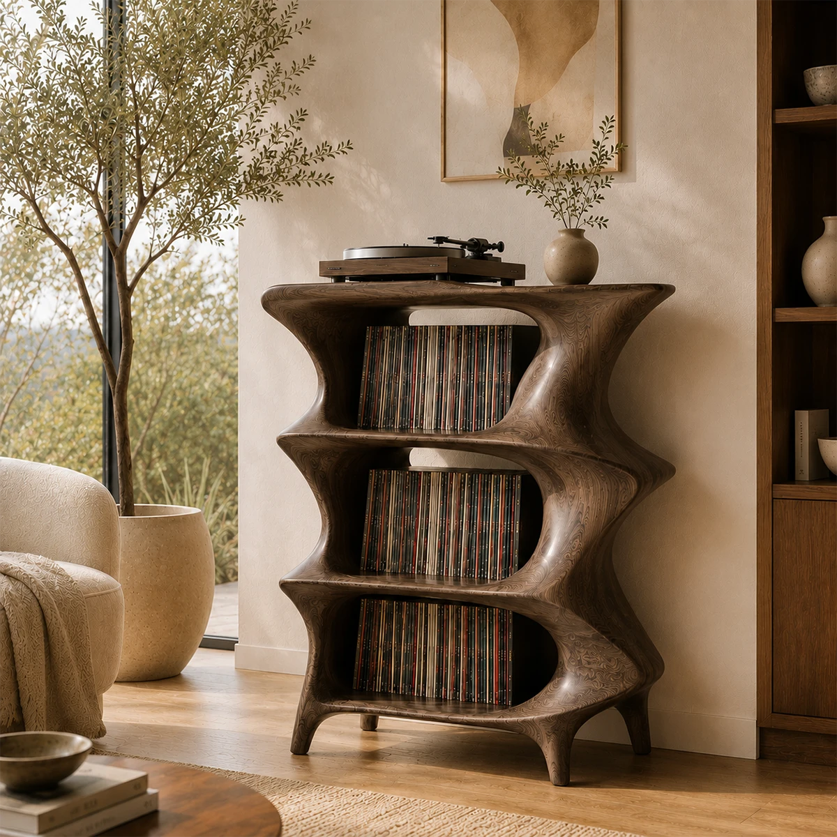 Statement LP storage cabinet with fluid curves and contemporary music room style