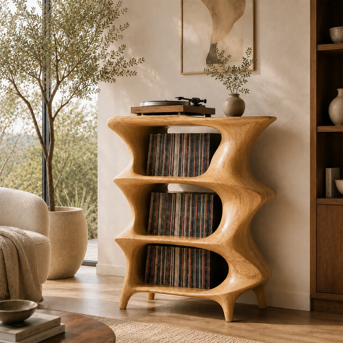 Artistic turntable furniture featuring open vinyl shelving and sculptural appeal
