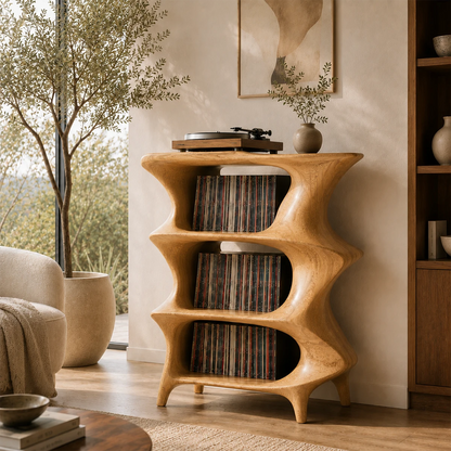 Artistic turntable furniture featuring open vinyl shelving and sculptural appeal