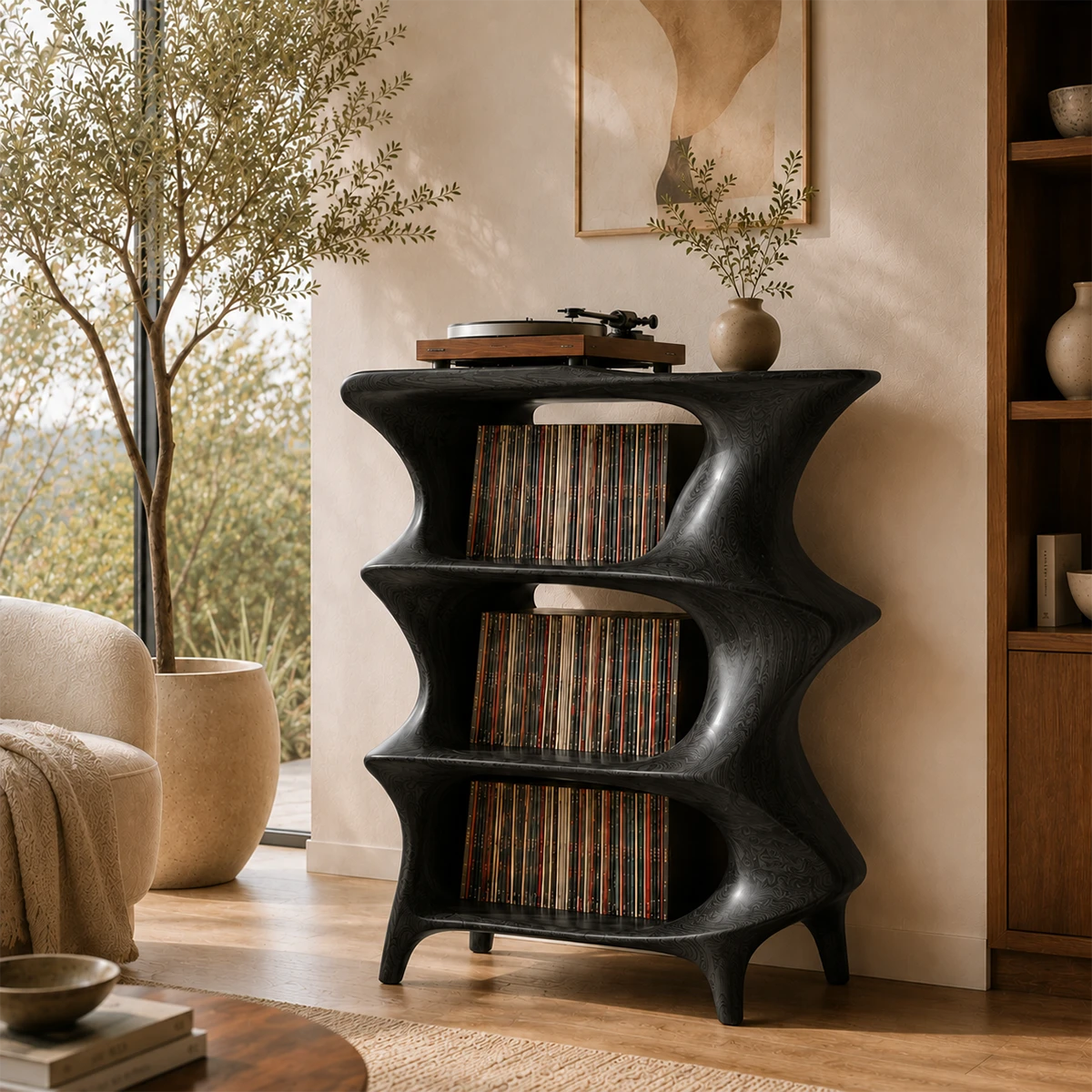 Contemporary record storage stand with integrated display and curved profile