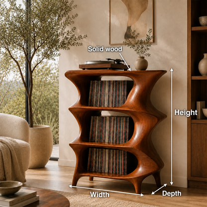 Modern vinyl organizer cabinet designed for LP collections and turntable setups