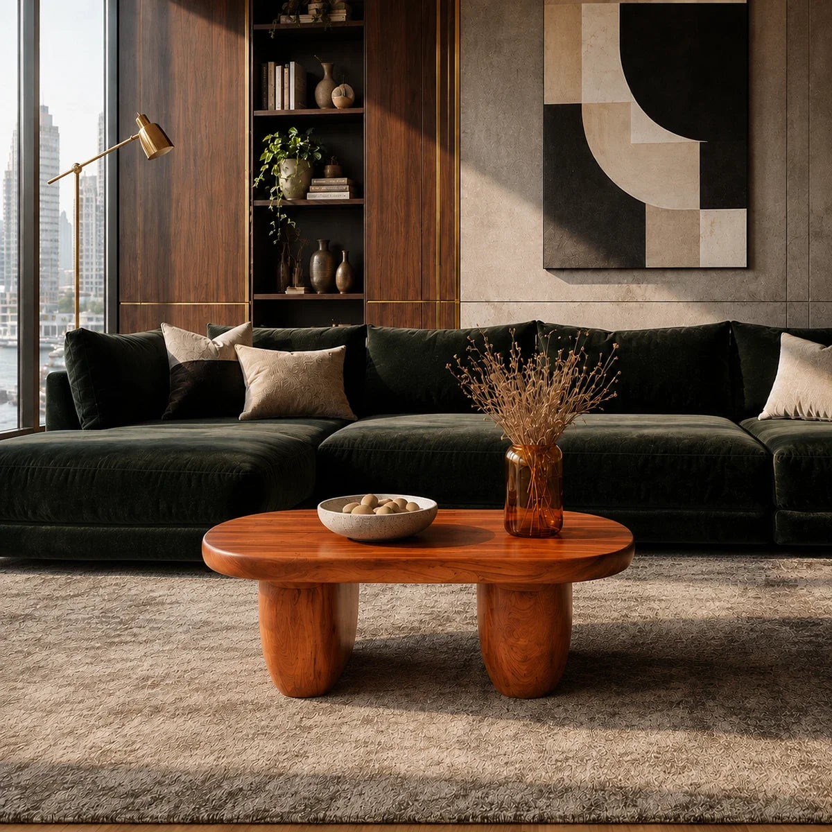 Luxury coffee table with broad rounded top and warm finish in a city apartment interior