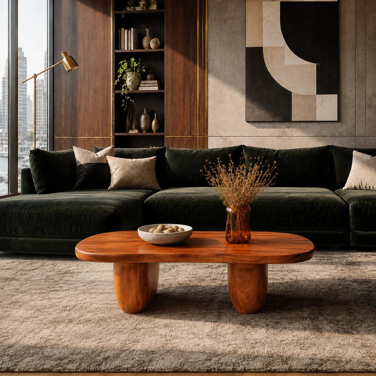 Curved coffee table brings sculptural character and natural texture to a modern lounge