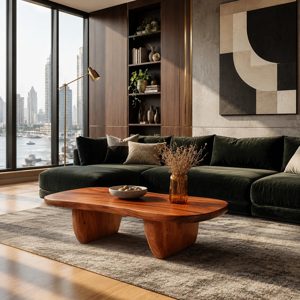 Sculptural coffee table with rounded top and warm wood tone finish in a modern interior