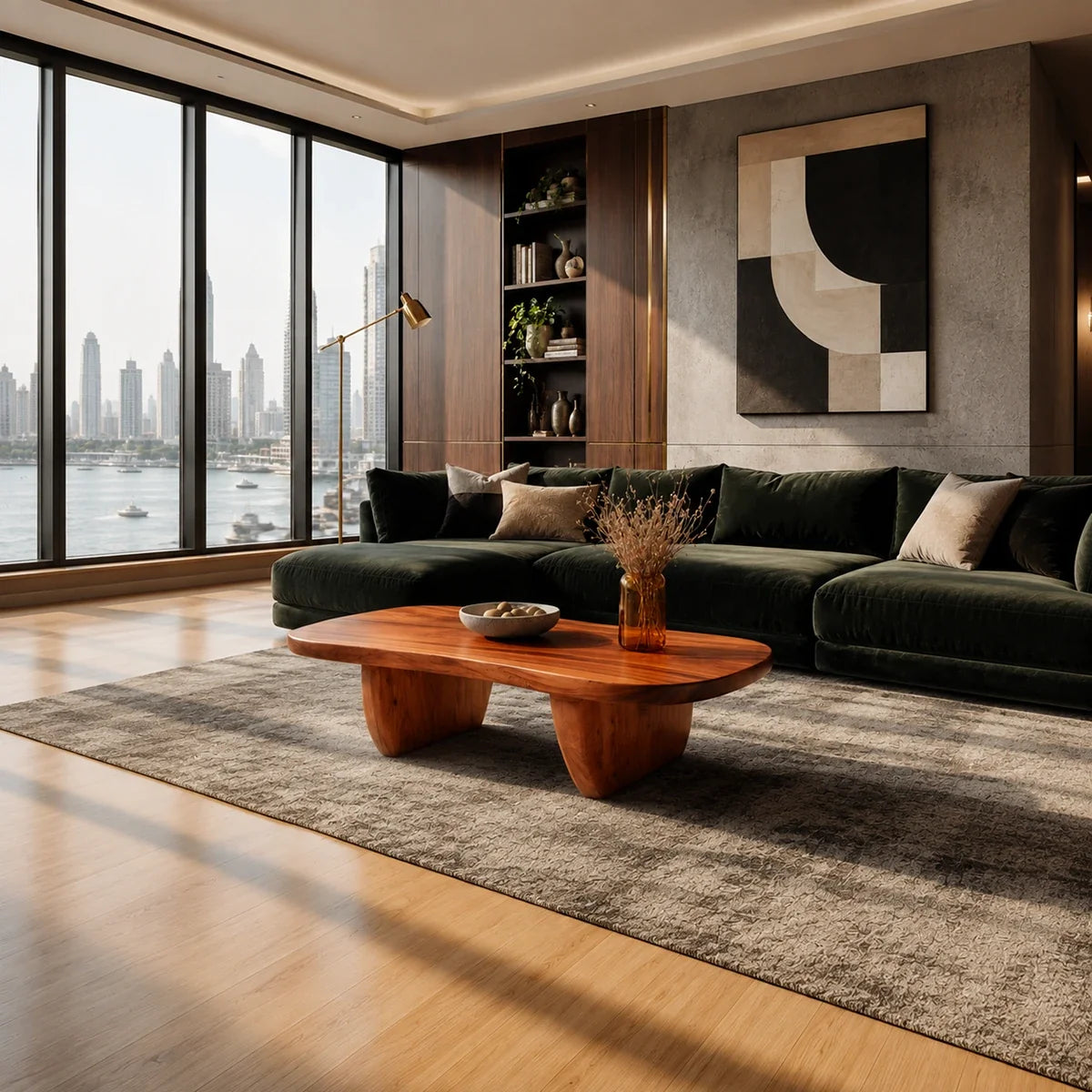 Organic modern coffee table with soft edges and sculpted legs in a refined living room