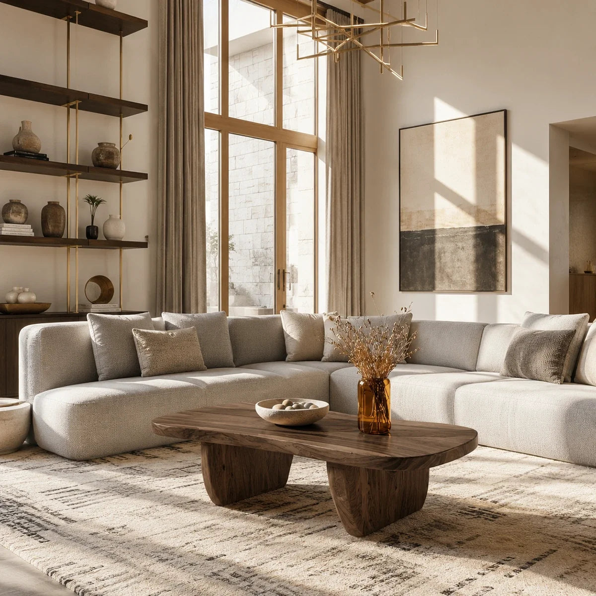 Statement coffee table adds bold rounded form and warm wood tone to an elegant lounge