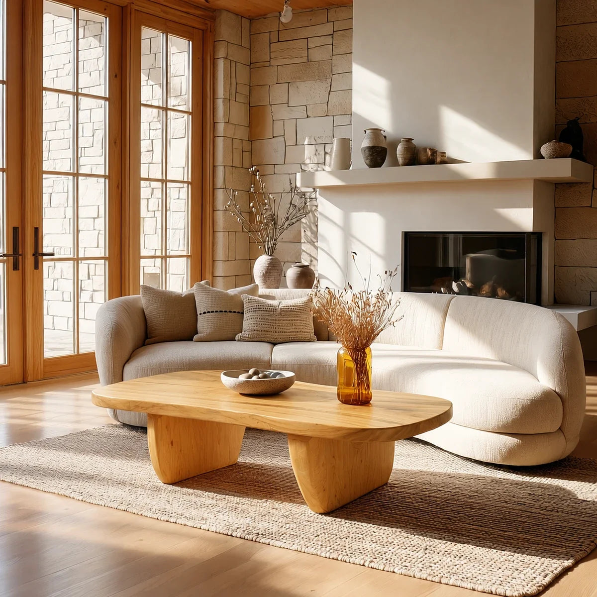 Contemporary coffee table with flowing edges and sturdy sculpted legs in a bright room