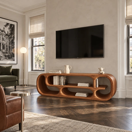 Rounded natural solid wood TV stand with sculptural open shelving and curved form
