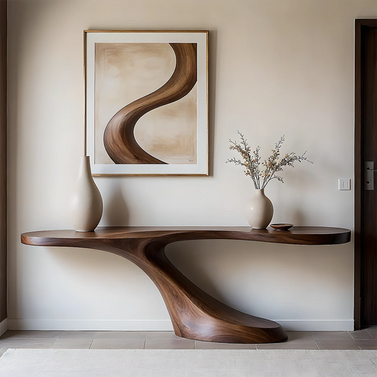 Sculptural console table in solid wood with flowing curves, styled in a modern minimalist entryway