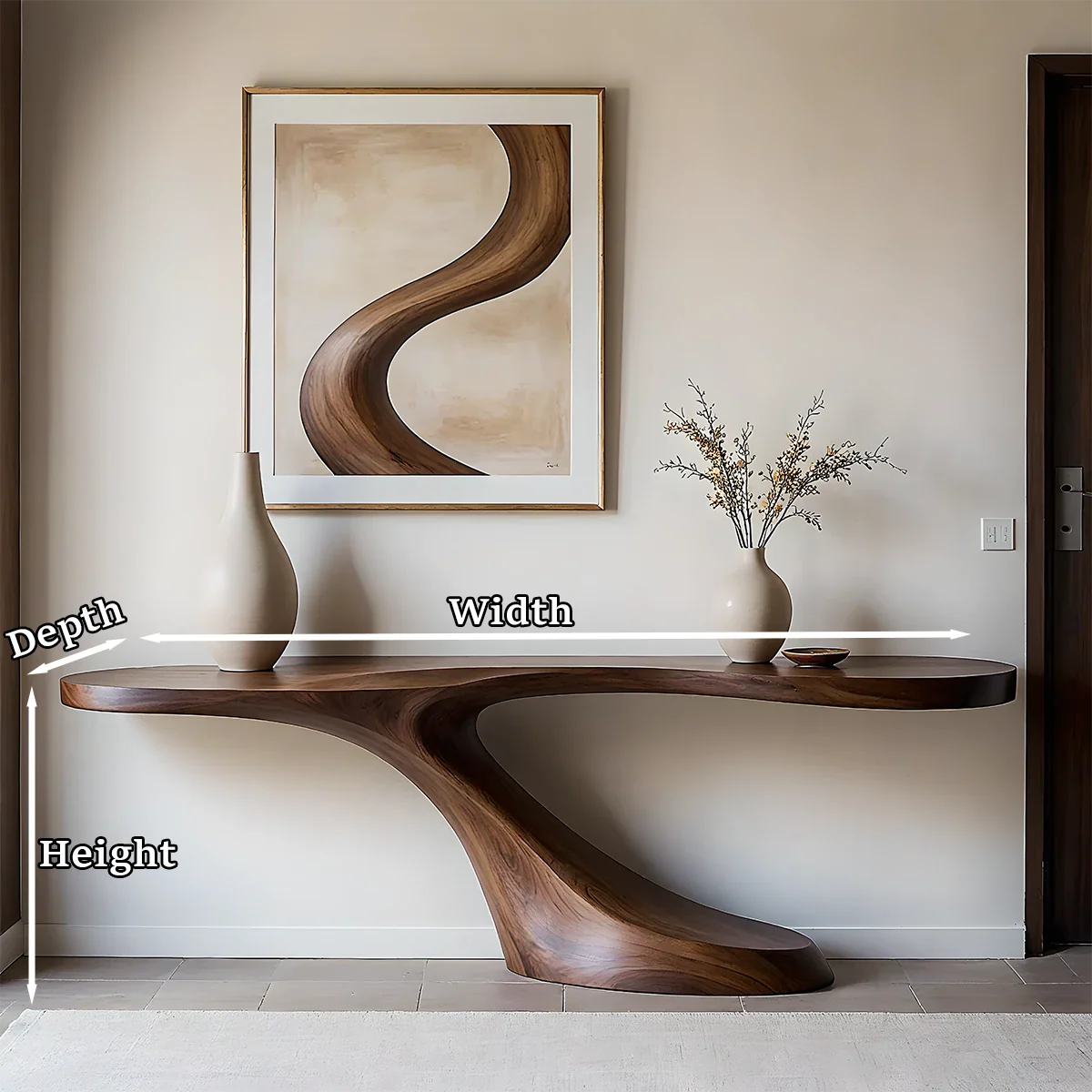 Modern solid wood console table with sculptural curved base, perfect for elegant entryway styling