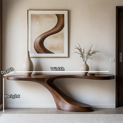 Modern solid wood console table with sculptural curved base, perfect for elegant entryway styling
