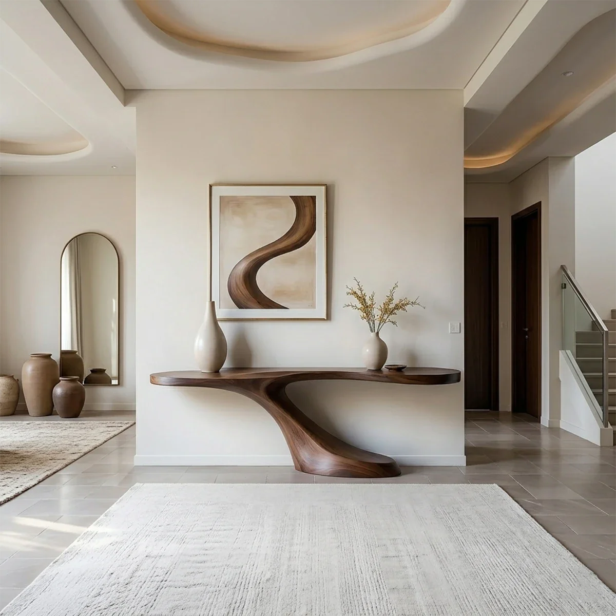 A modern hallway featuring a curved wood console table with organic form and smooth finish