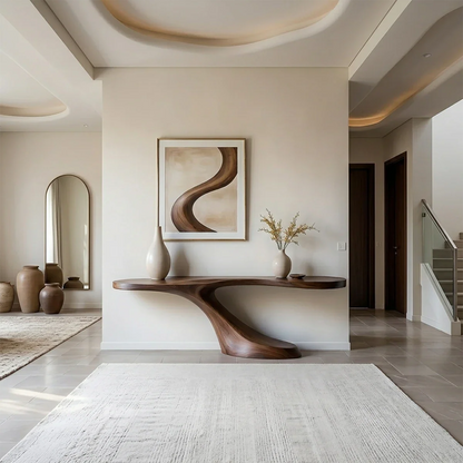A modern hallway featuring a curved wood console table with organic form and smooth finish