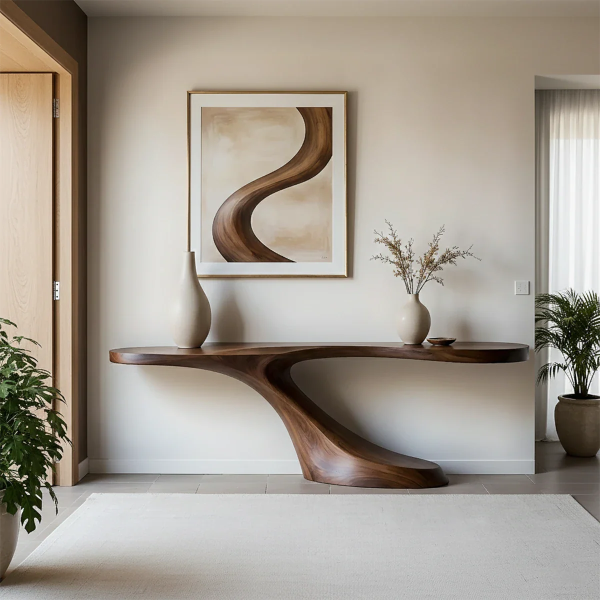 Solid wood console table with artistic silhouette placed beneath wall art in refined interior