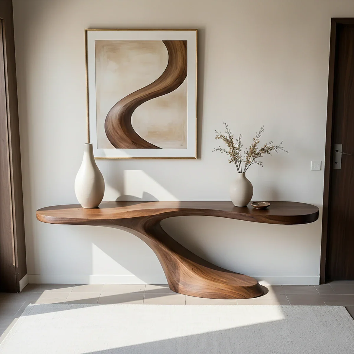Minimalist entryway styled with a curved wood console table and soft neutral décor accents