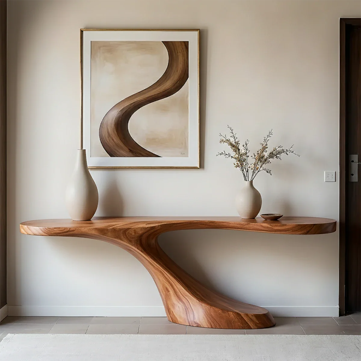 A handcrafted console table with fluid lines adds movement to this modern living space