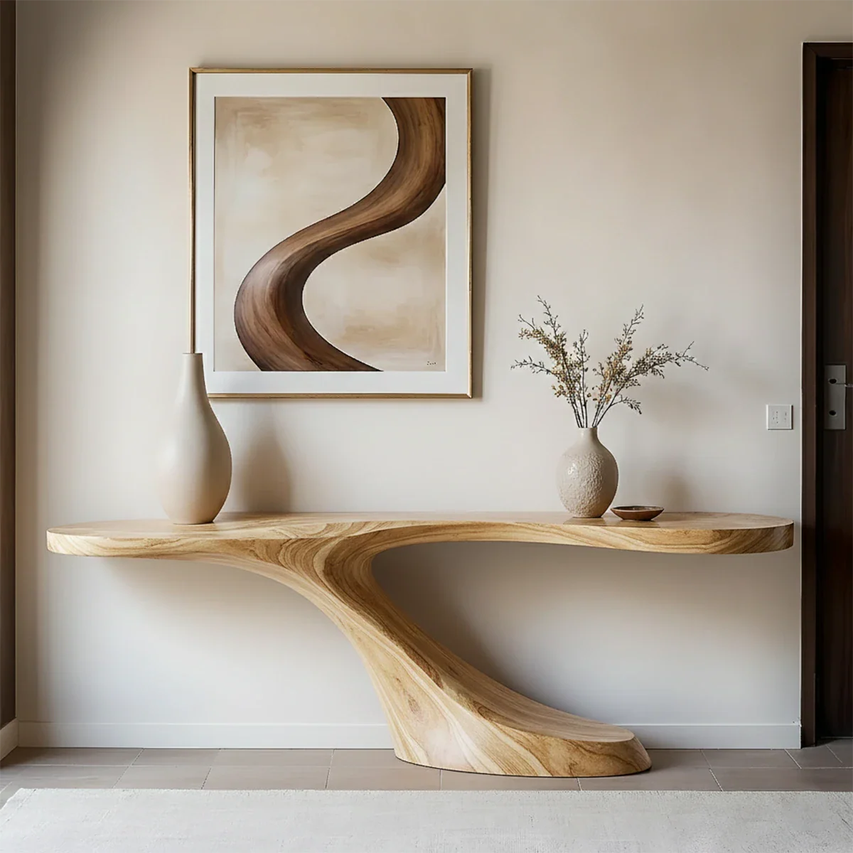 Elegant hallway design featuring a solid wood console table with sculptural base form