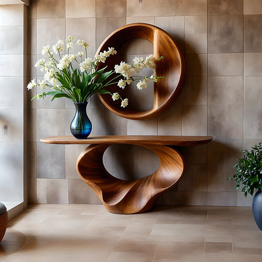 Sculptural brown wood console table with spiral base