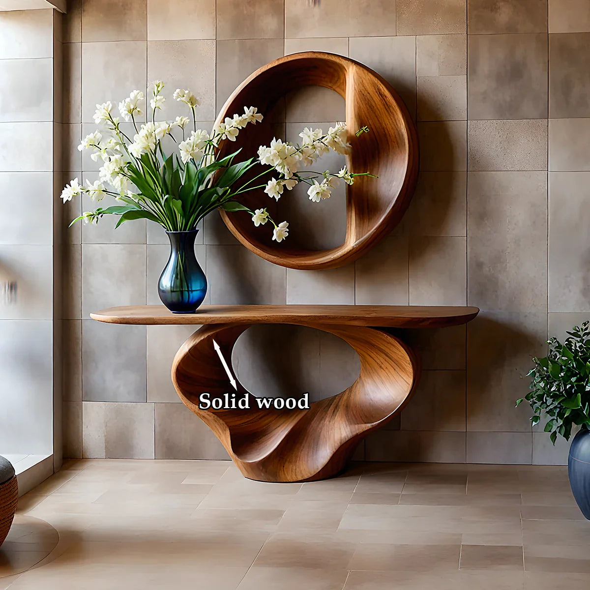 Elegant brown wooden console table with spiral structure