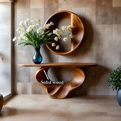 Elegant brown wooden console table with spiral structure