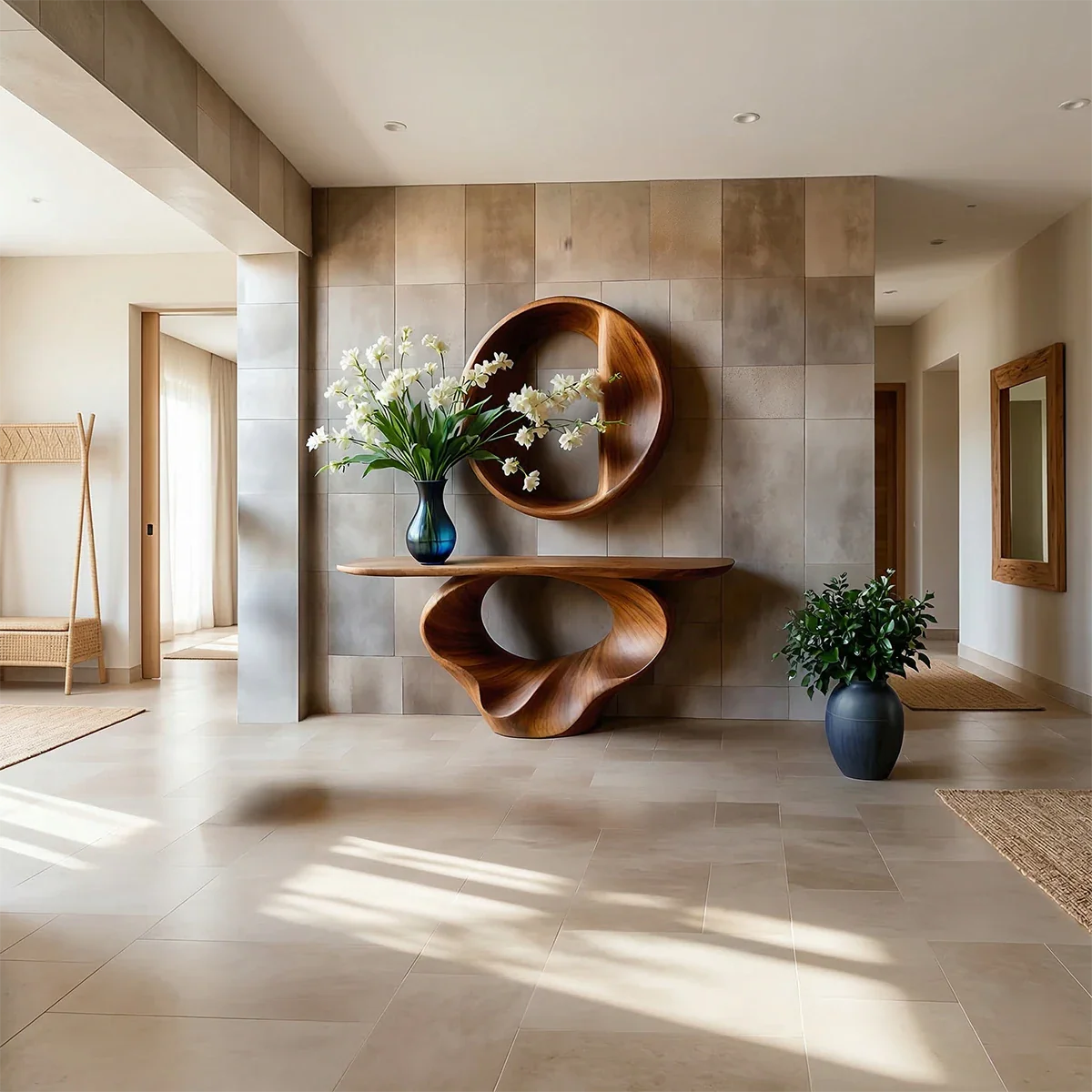 Artistic brown wood console table with spiral design