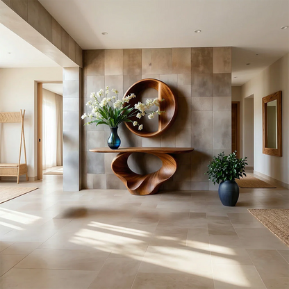 Artistic brown wood console table with spiral design