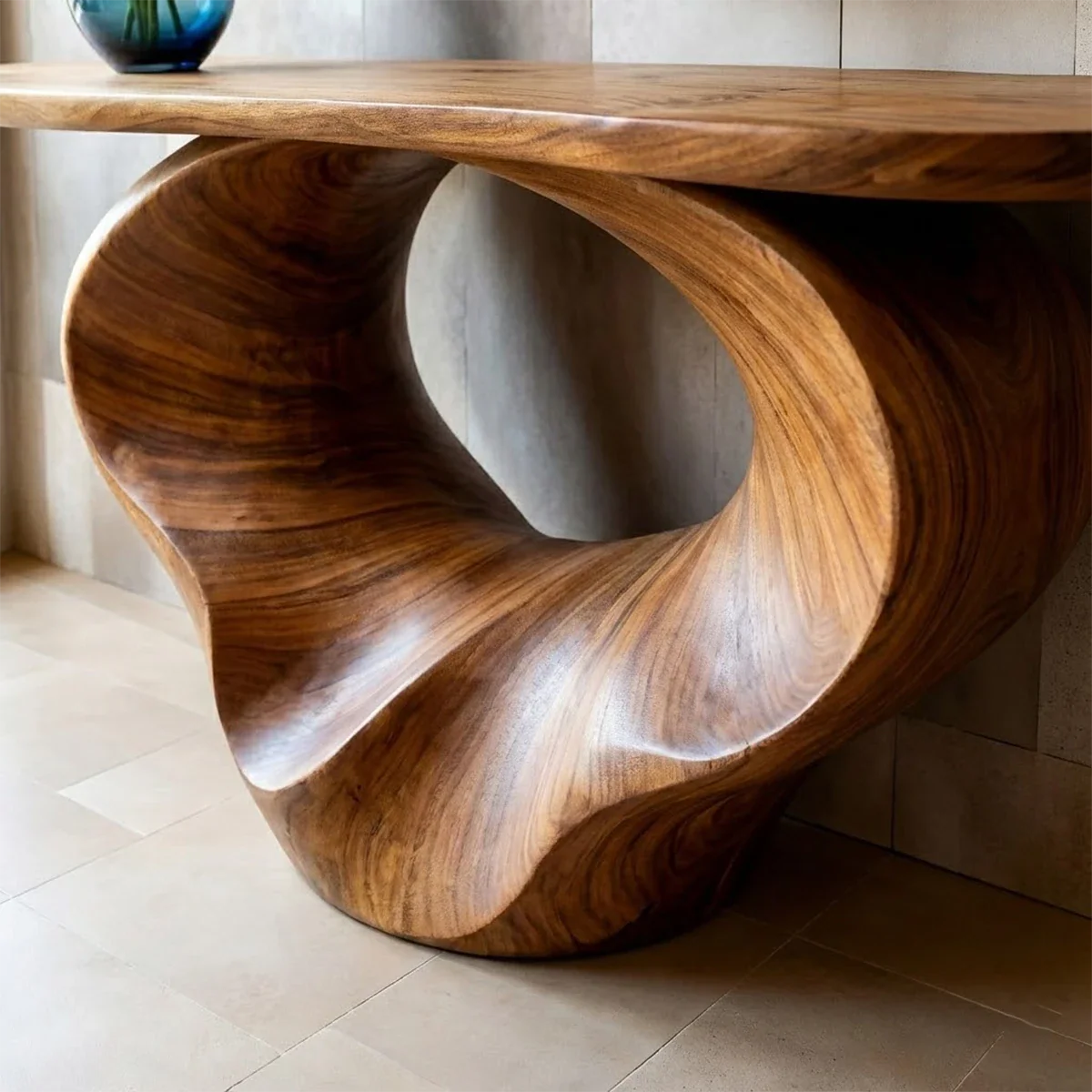 Modern brown wooden console table with sculptural base