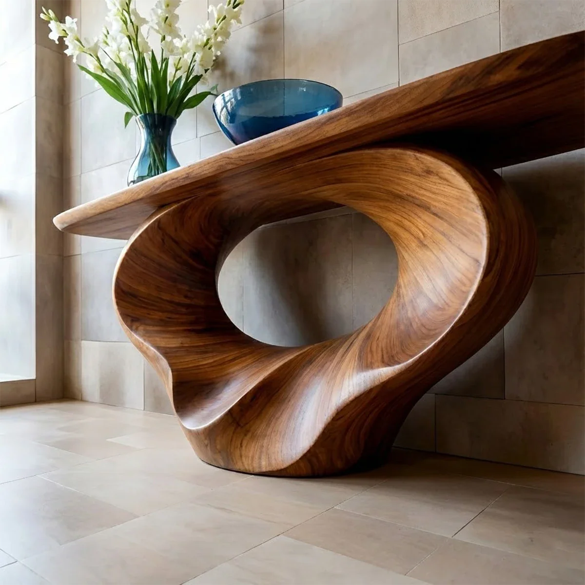Unique brown wood console table with curved hollow base