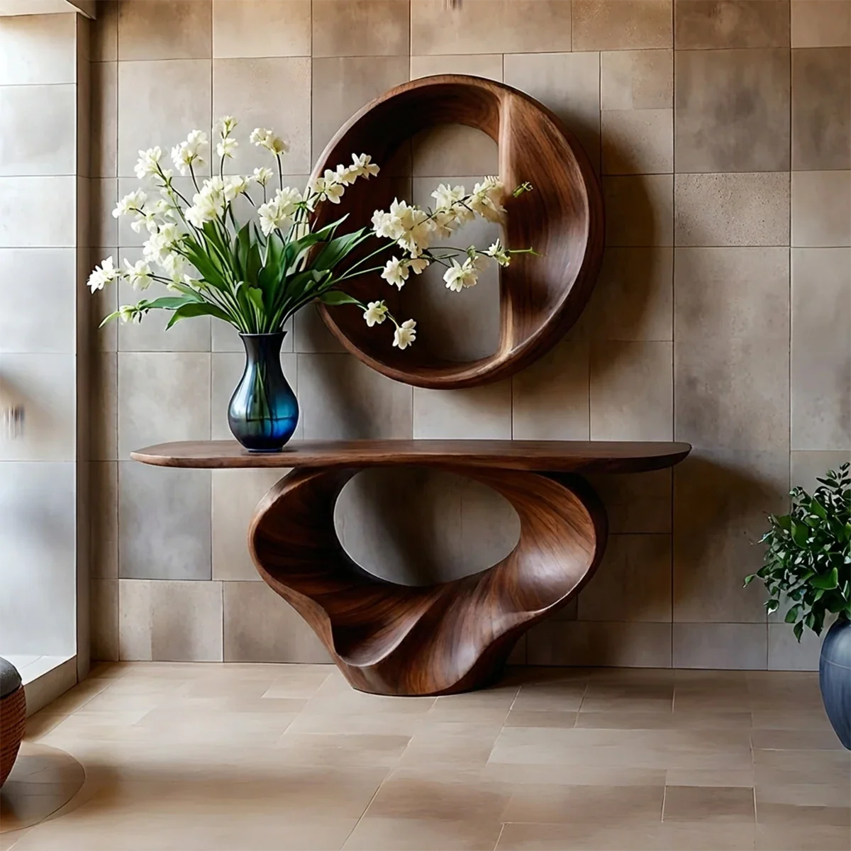Luxury brown wooden console table with artistic form