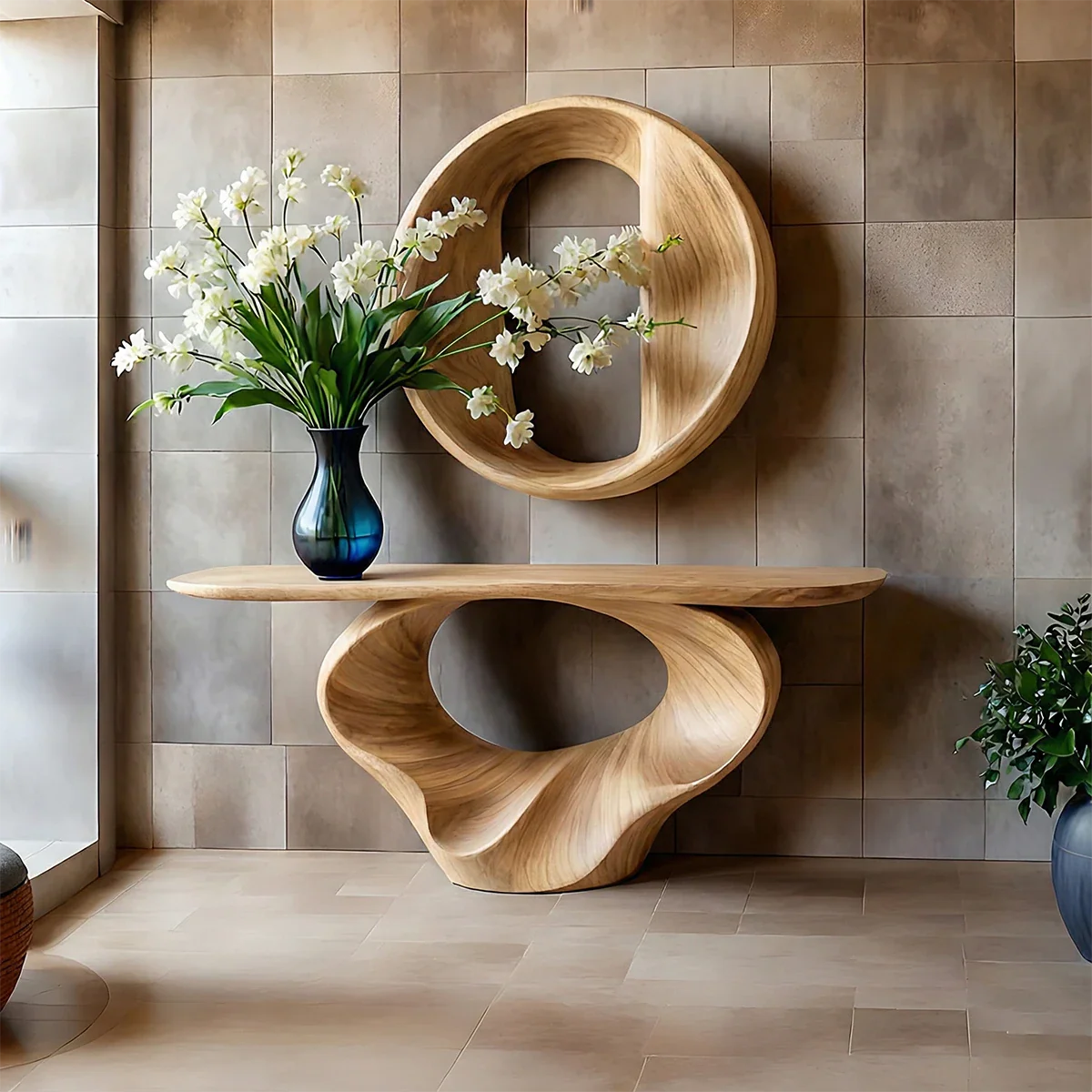 Contemporary brown wood console table with curved base