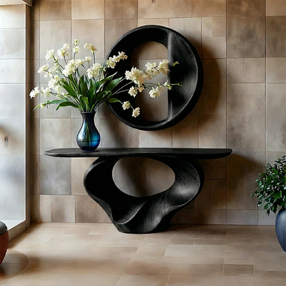 Minimalist brown wood console table with sculpted support