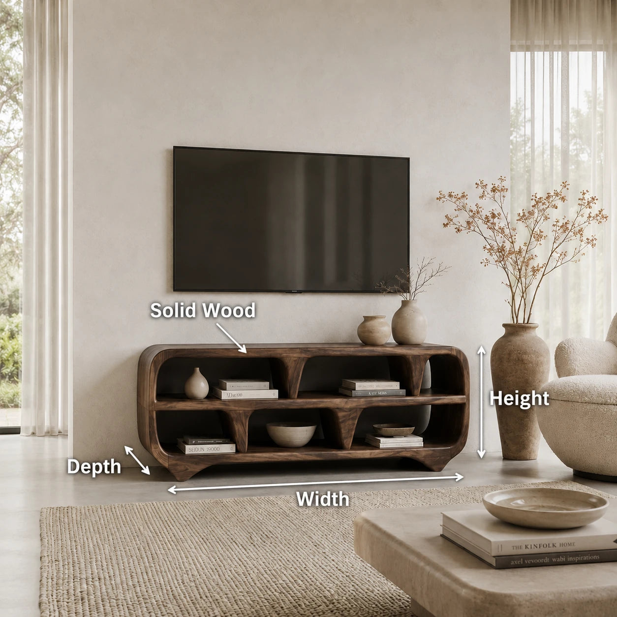Sculptural Solid Wood TV Stand with Open Shelf Storage Console Design - ArborisWood - 10