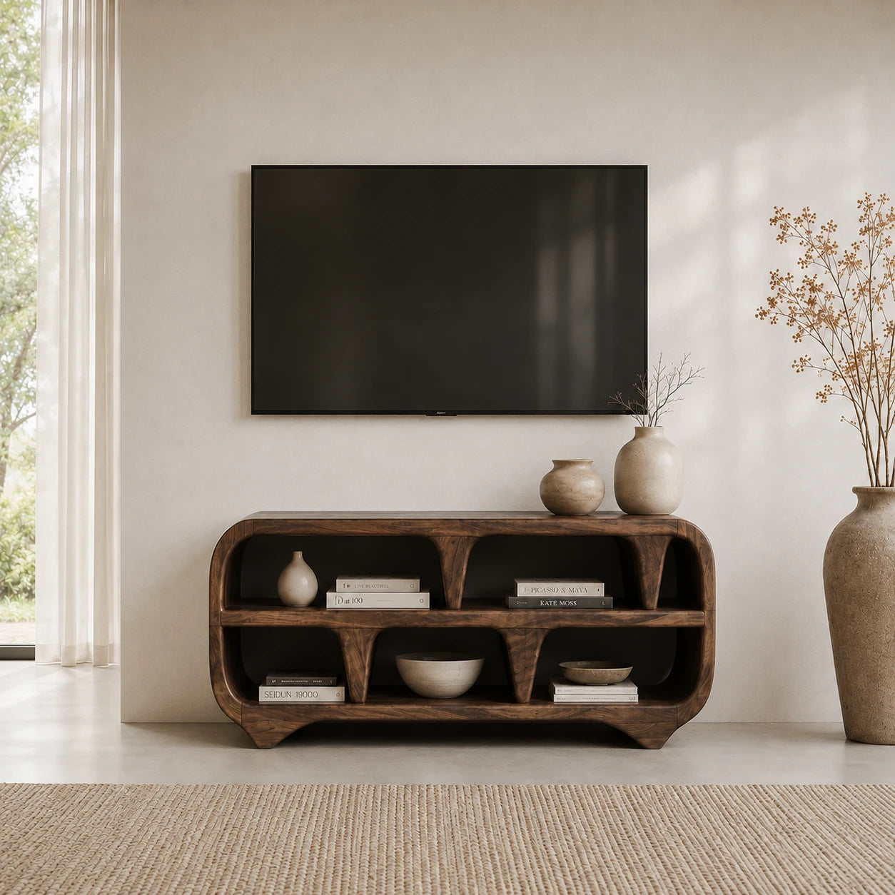 Sculptural Solid Wood TV Stand with Open Shelf Storage Console Design - ArborisWood - 11