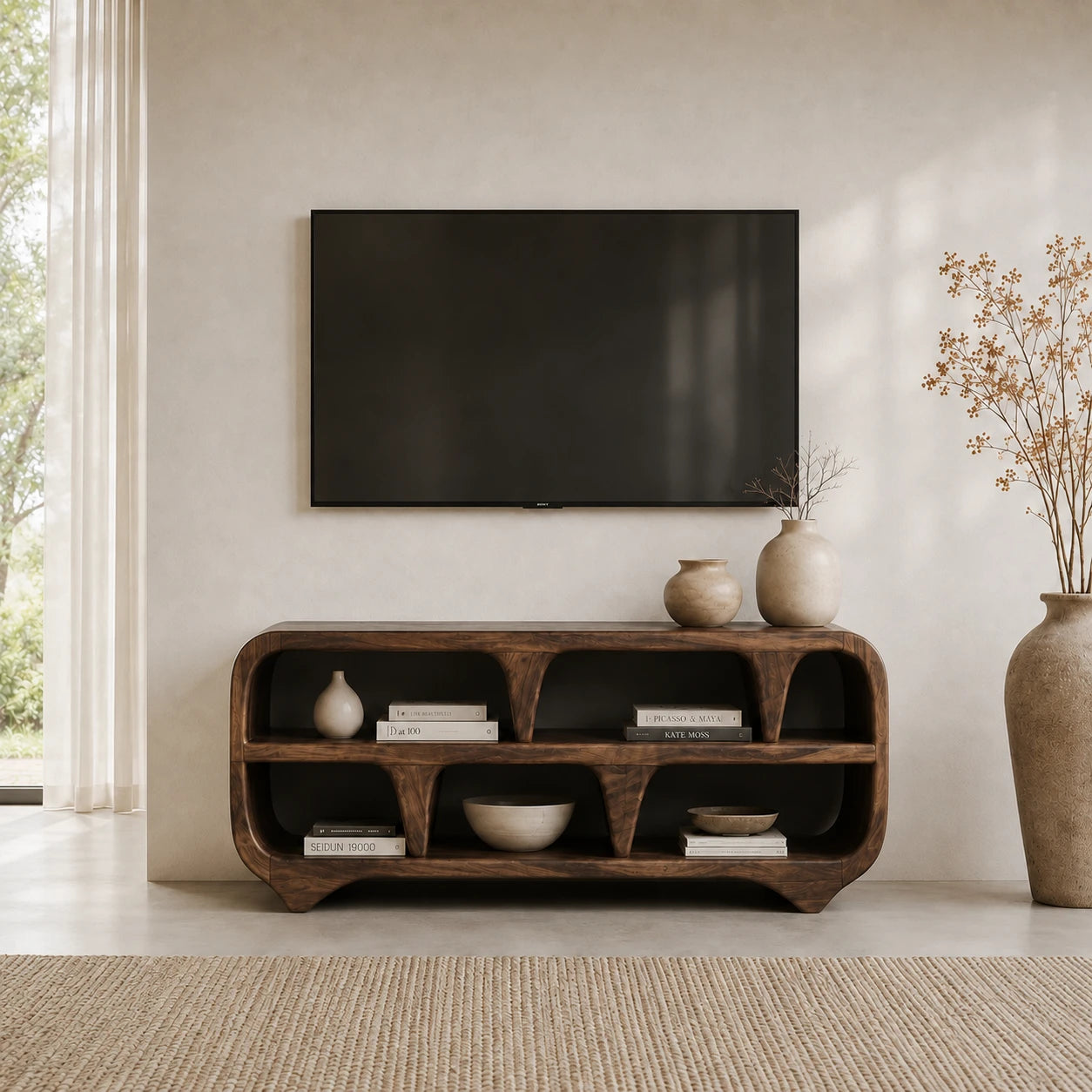 Sculptural Solid Wood TV Stand with Open Shelf Storage Console Design - ArborisWood - 12