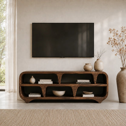 Sculptural Solid Wood TV Stand with Open Shelf Storage Console Design - ArborisWood - 13