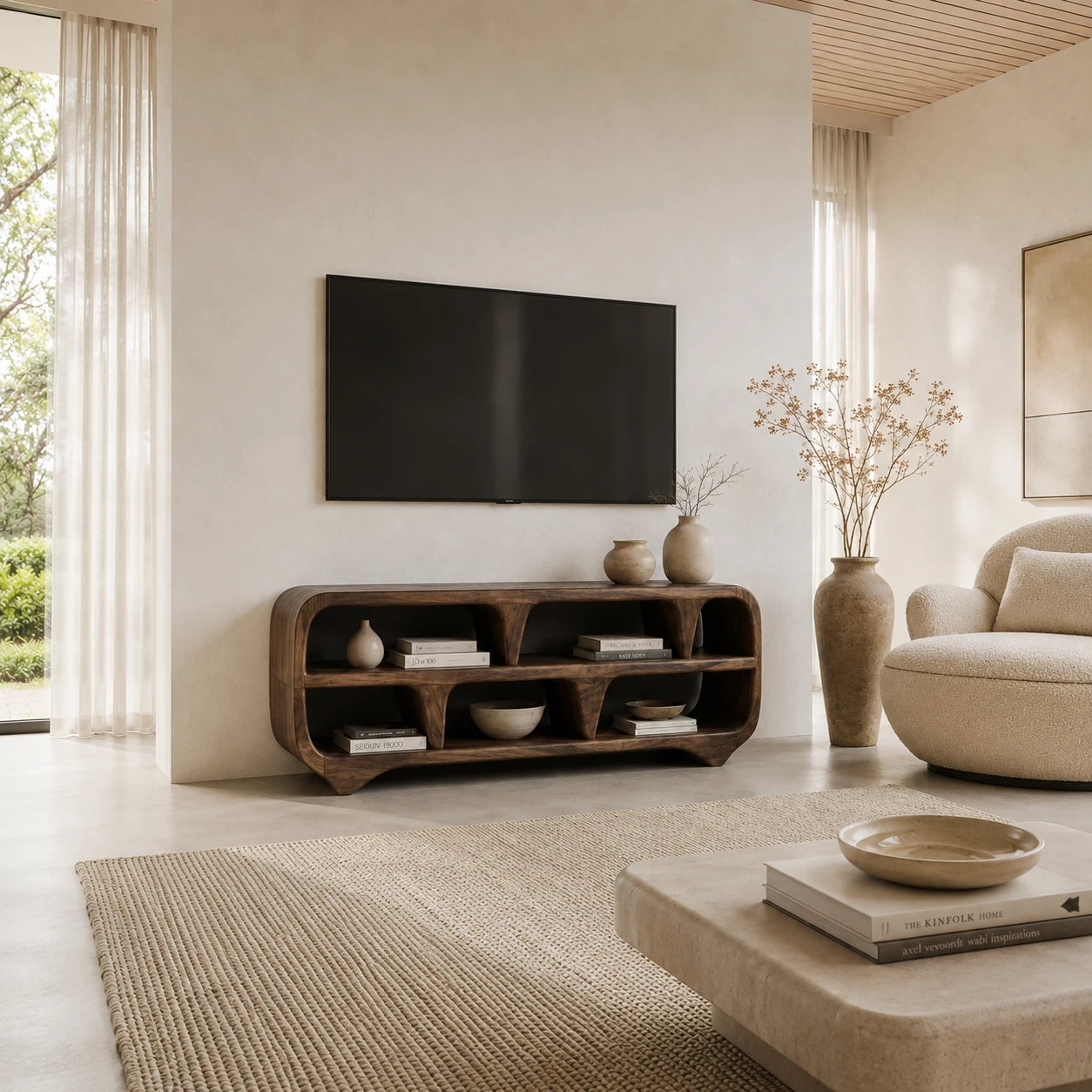 Sculptural Solid Wood TV Stand with Open Shelf Storage Console Design - ArborisWood - 2