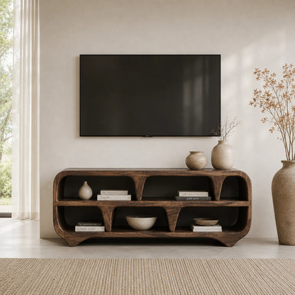 Sculptural Solid Wood TV Stand with Open Shelf Storage Console Design - ArborisWood - 3