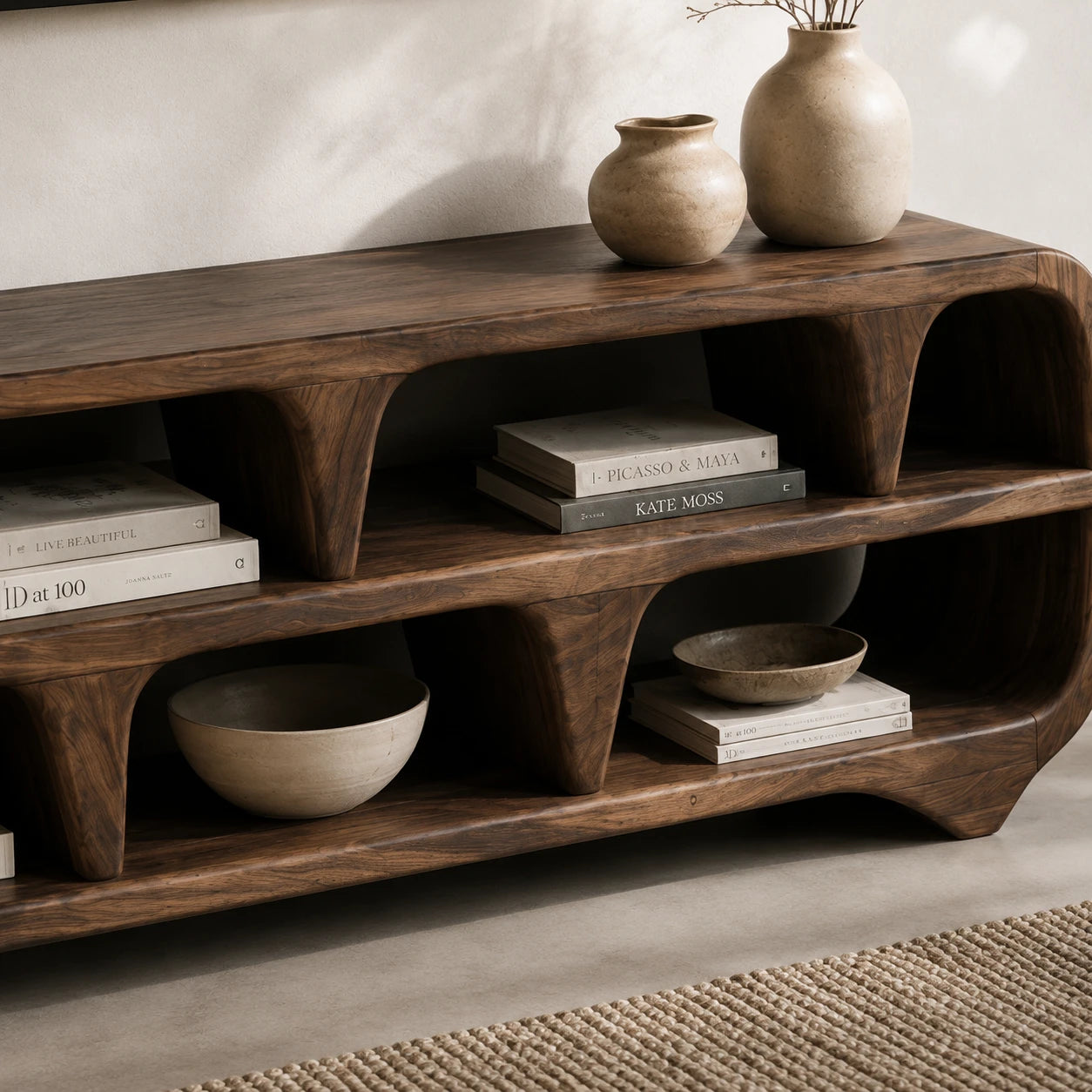 Sculptural Solid Wood TV Stand with Open Shelf Storage Console Design - ArborisWood - 4
