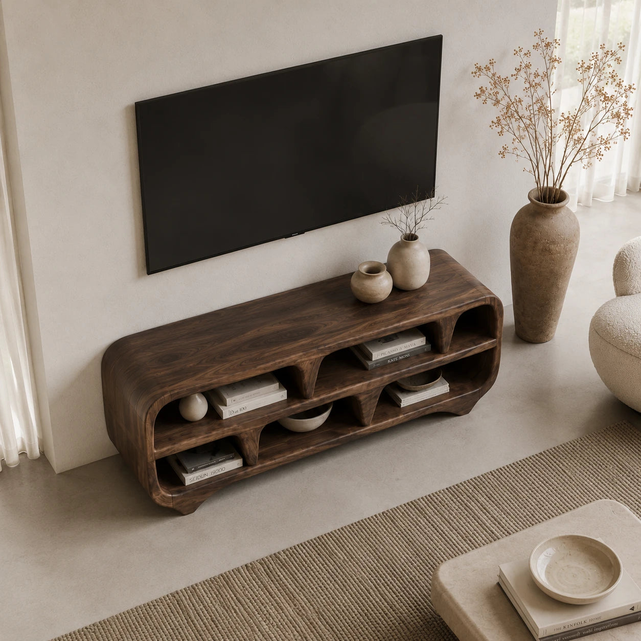 Sculptural Solid Wood TV Stand with Open Shelf Storage Console Design - ArborisWood - 5