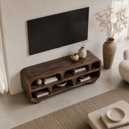 Sculptural Solid Wood TV Stand with Open Shelf Storage Console Design - ArborisWood - 5
