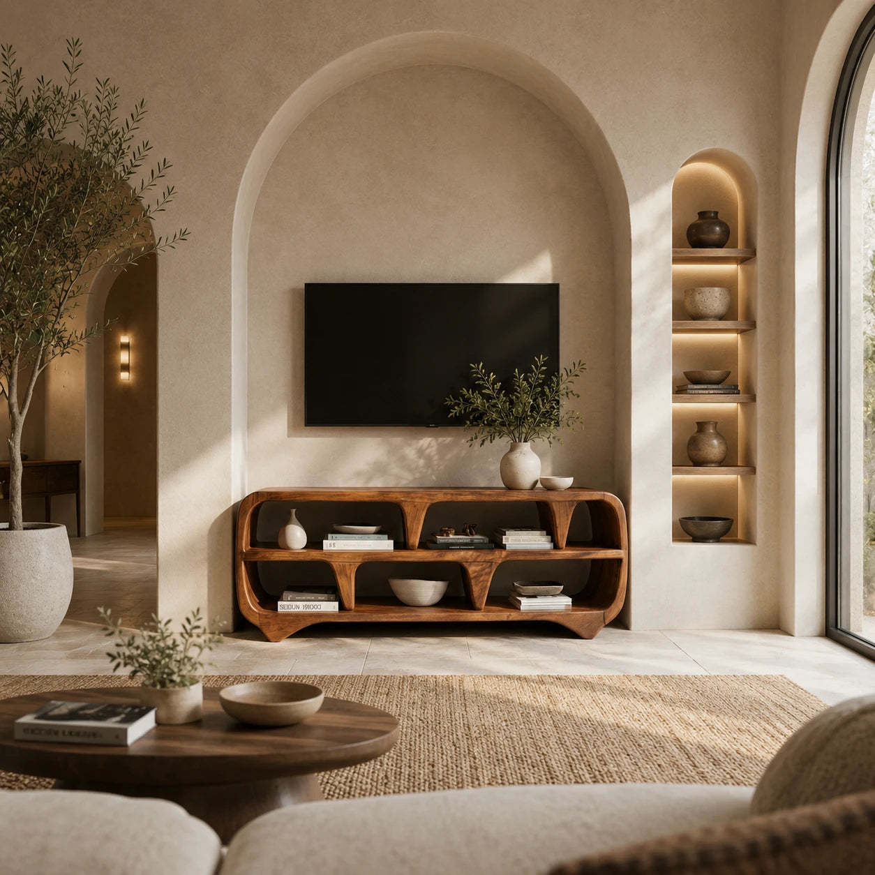 Sculptural Solid Wood TV Stand with Open Shelf Storage Console Design - ArborisWood - 6