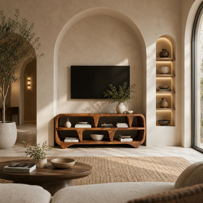 Sculptural Solid Wood TV Stand with Open Shelf Storage Console Design - ArborisWood - 6