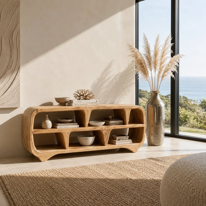 Sculptural Solid Wood TV Stand with Open Shelf Storage Console Design - ArborisWood - 7