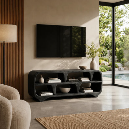 Sculptural Solid Wood TV Stand with Open Shelf Storage Console Design - ArborisWood - 8