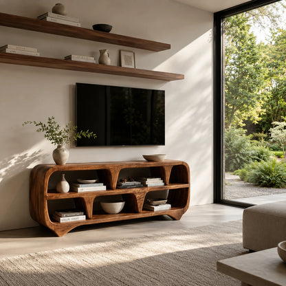 Sculptural Solid Wood TV Stand with Open Shelf Storage Console Design - ArborisWood - 9