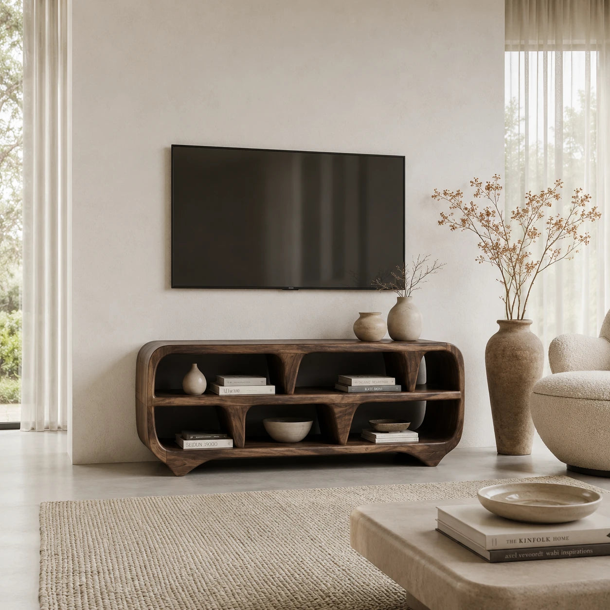 Sculptural Solid Wood TV Stand with Open Shelf Storage Console Design - ArborisWood